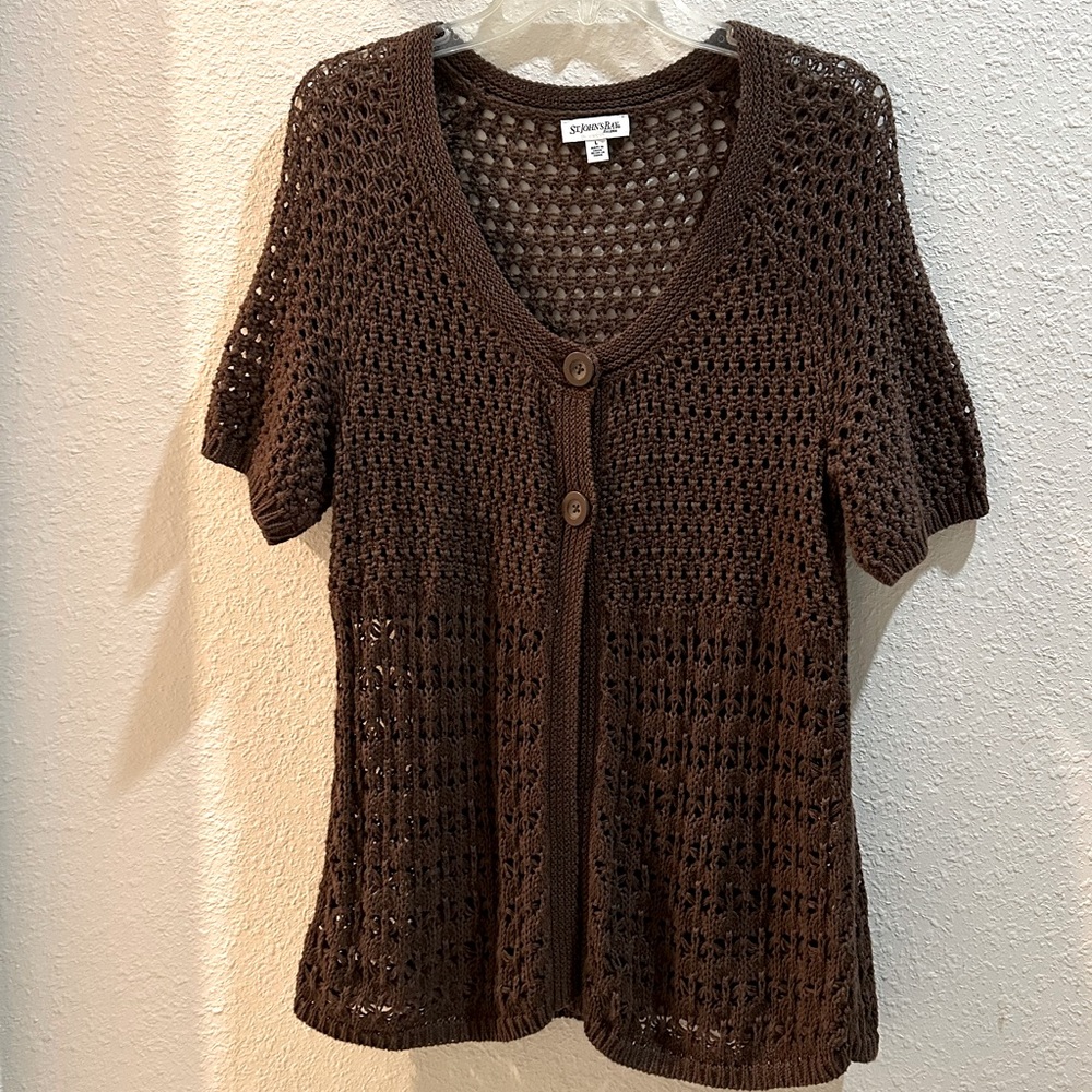 St Johns Bay Knit Cardigan Long Ivory Brown Crochet Two Button Sweater Women’s L